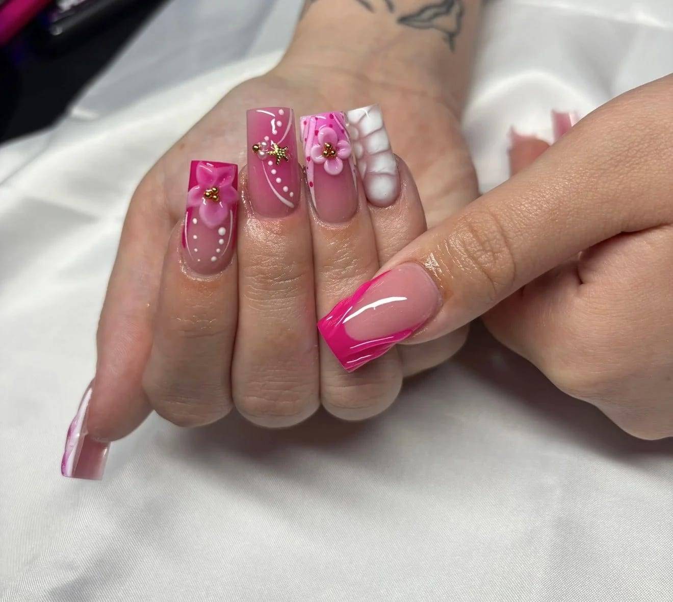 Square acrylic set in pink with 3D floral and pearl accents