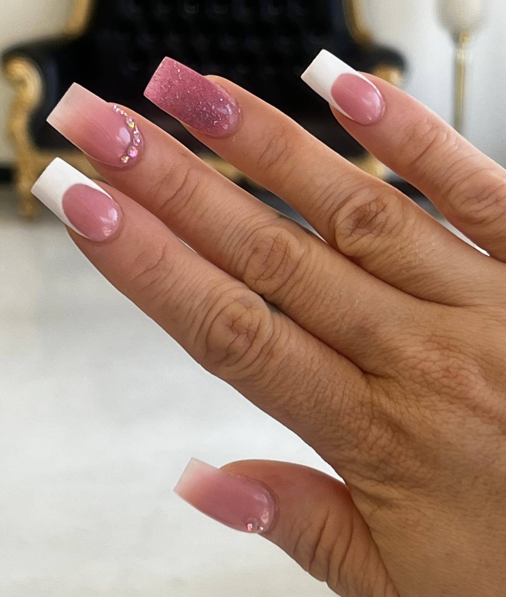 Long square acrylics with a pink-to-white ombré French finish