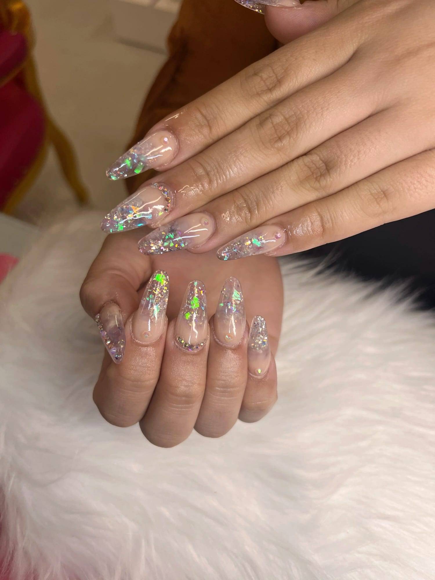 Clear coffin acrylics with encapsulated glitter and flowers