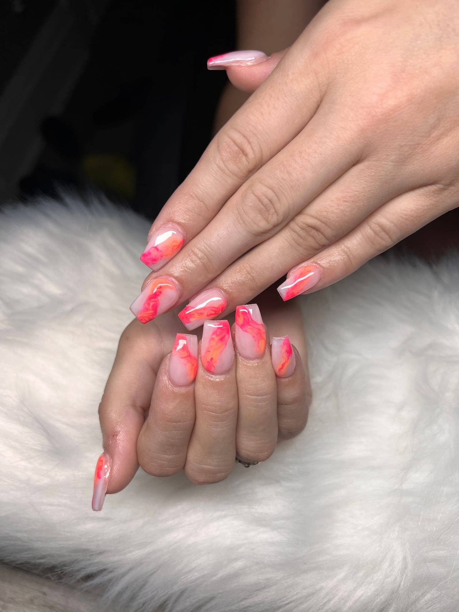 Coral and pink marbled coffin acrylics