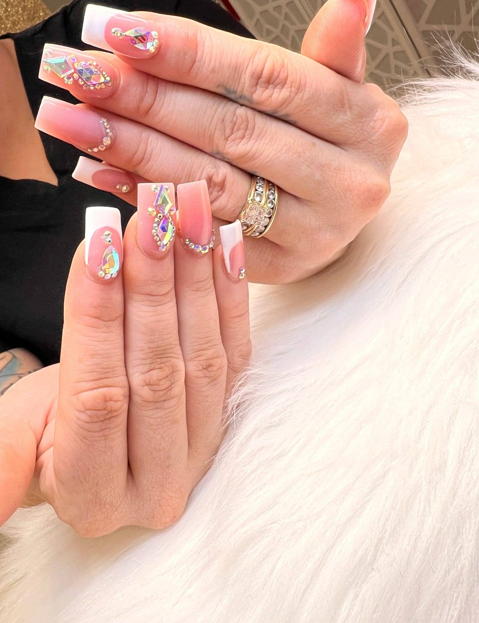 Long nude square set with white French tips and silver charms