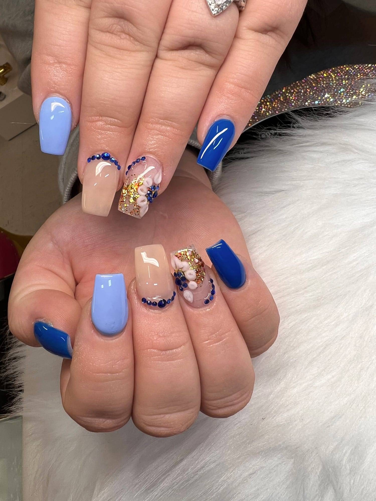 Mixed set in periwinkle, cobalt and nude with gold flake accents