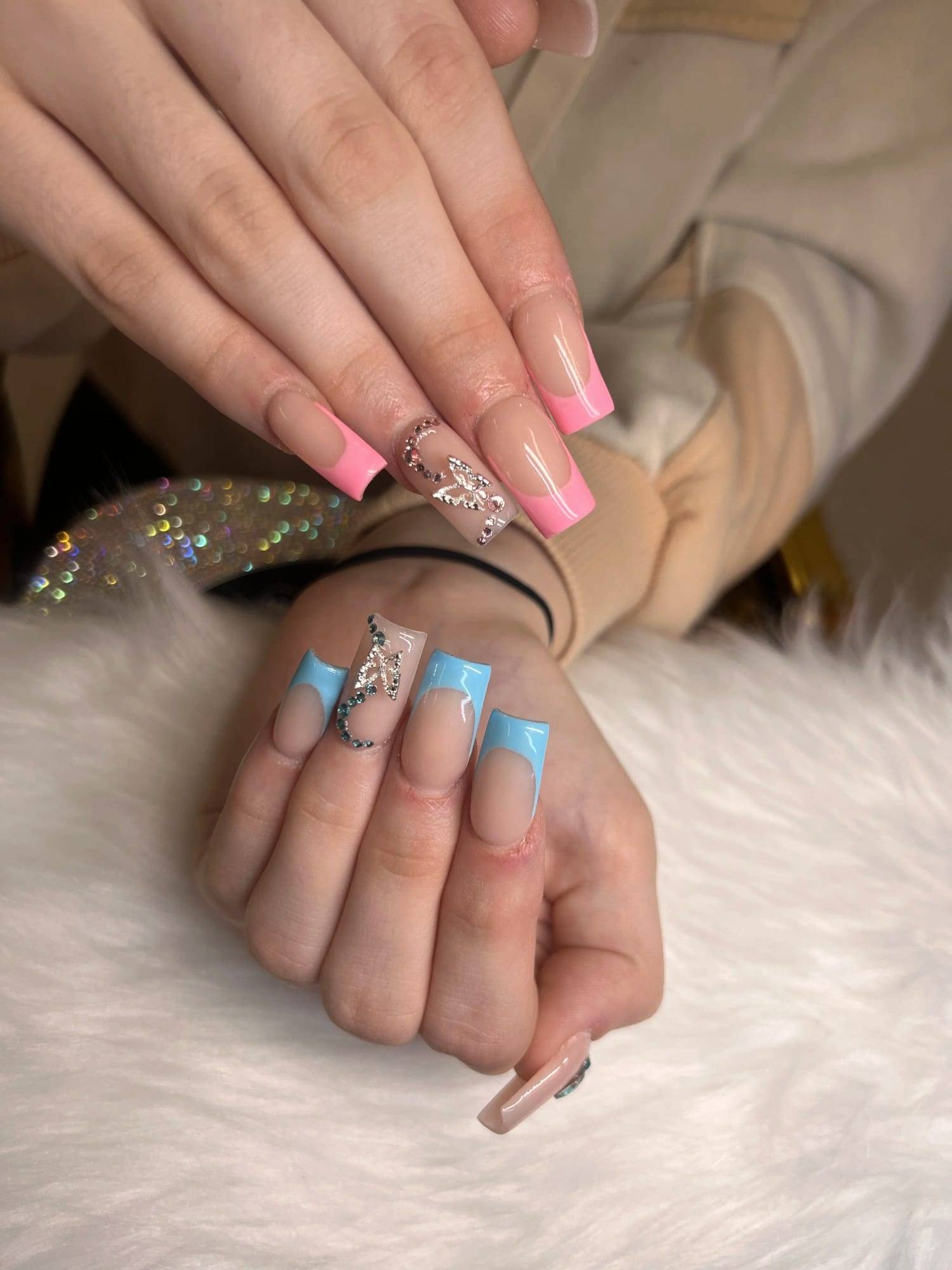 Pink and baby blue French-tip coffin nails